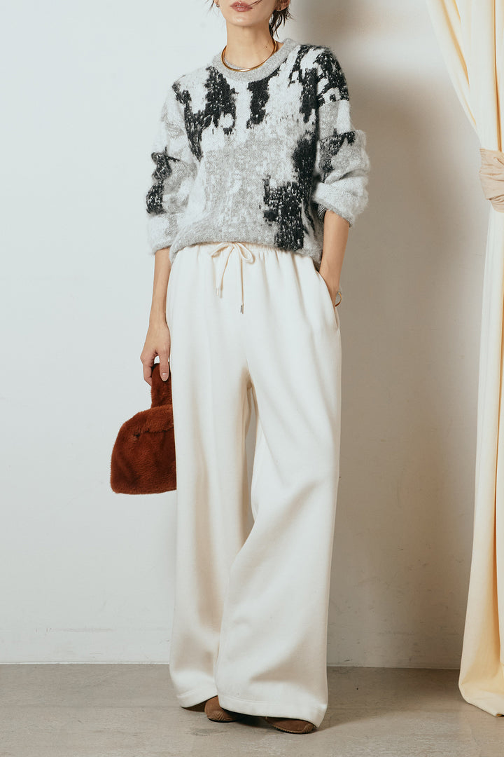 [SET]起毛ニュアンス柄ニットプルオーバー+裏起毛スウェットワイドパンツ(2set)