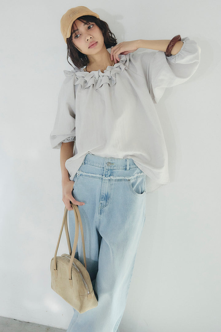 [SET]ネックフリルデザインブラウス+ウエスト裁ち切りデニムワイドパンツ(2set)