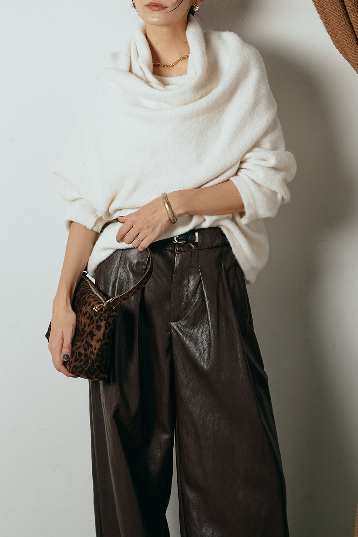 [SET]ネック巻きデザインニットトップス+ベルト付きレザーライクタックパンツ(2set)