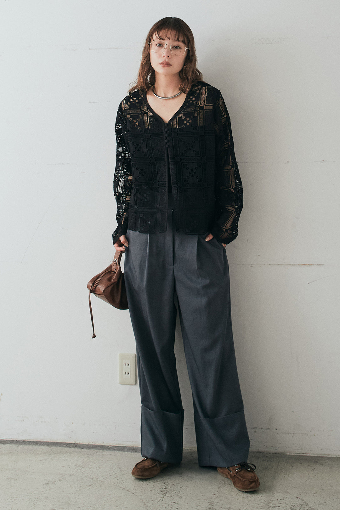 [SET]クロシェレースカーディガン+センタープレスセミワイドパンツ(2set)