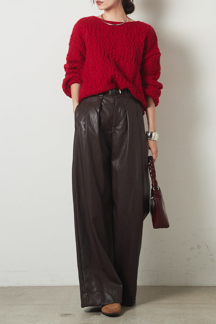 [SET]ボリューム編みニットプルオーバー+ベルト付きレザーライクタックパンツ(2set)