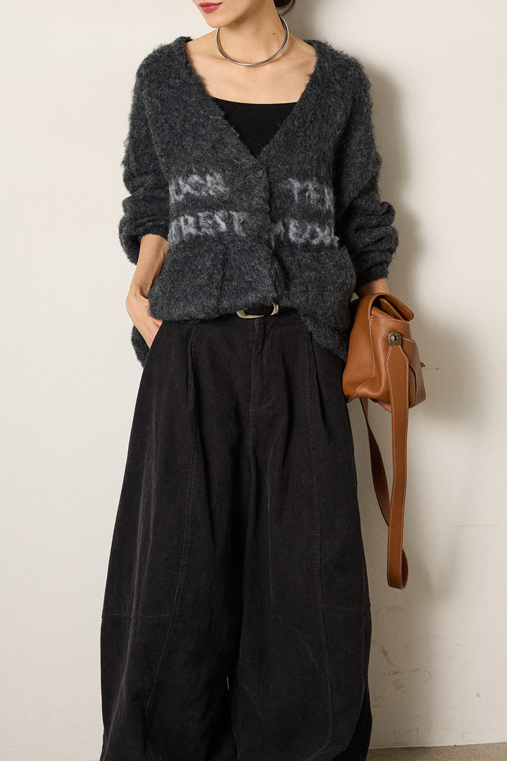 [SET]ウール混透かしロゴニットカーディガン+タック入りコーデュロイワイドパンツ(2set)