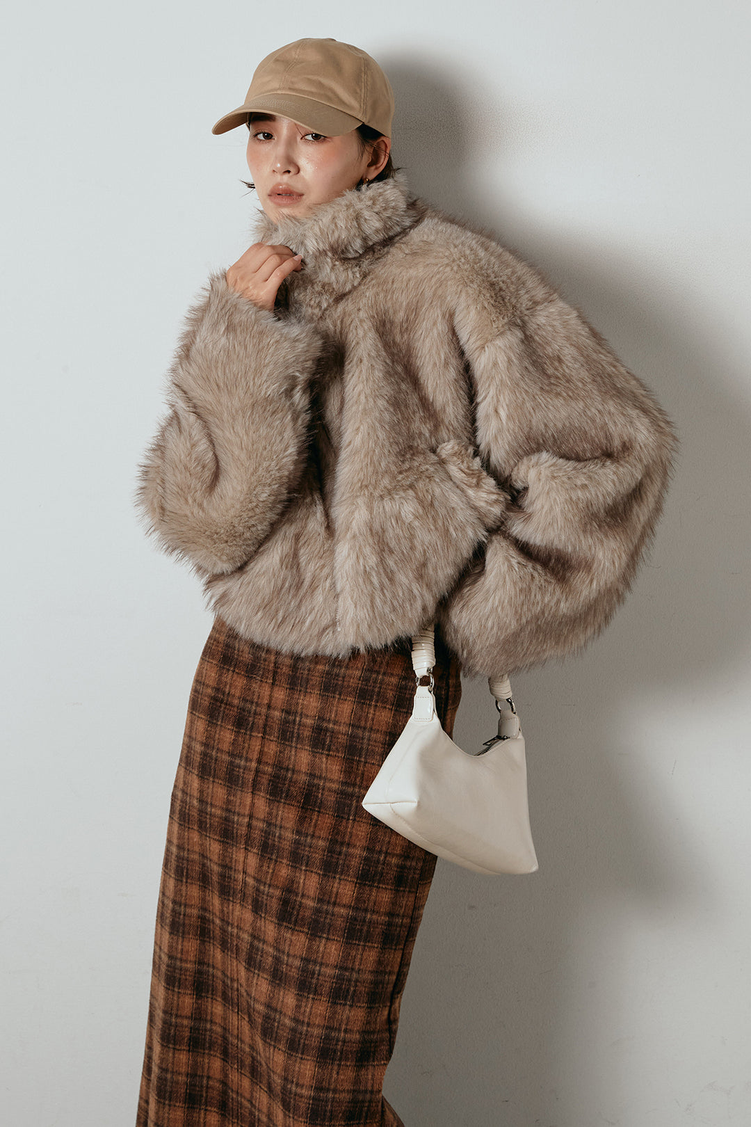 [SET]エコファーショート丈ブルゾン+シャギーチェックストレートスカート(2set)