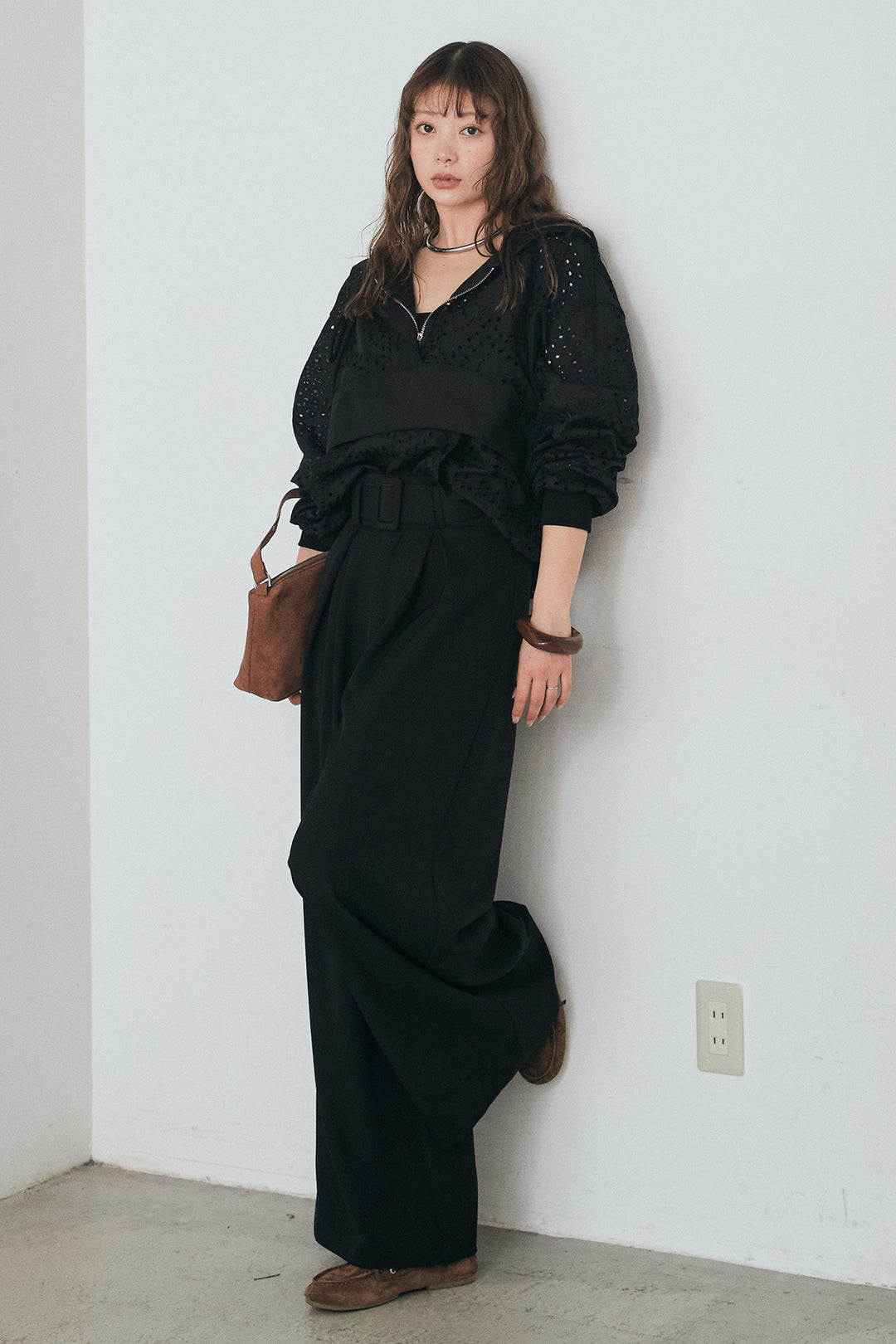 [SET]レースハーフジップアップフーディー+ベルト付きツータックワイドパンツ(2set)