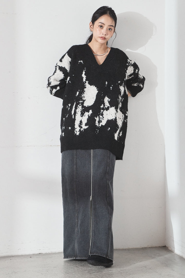 [SET]アブストラクト柄ニットプルオーバー+フロントジップデニムスカート(2set)