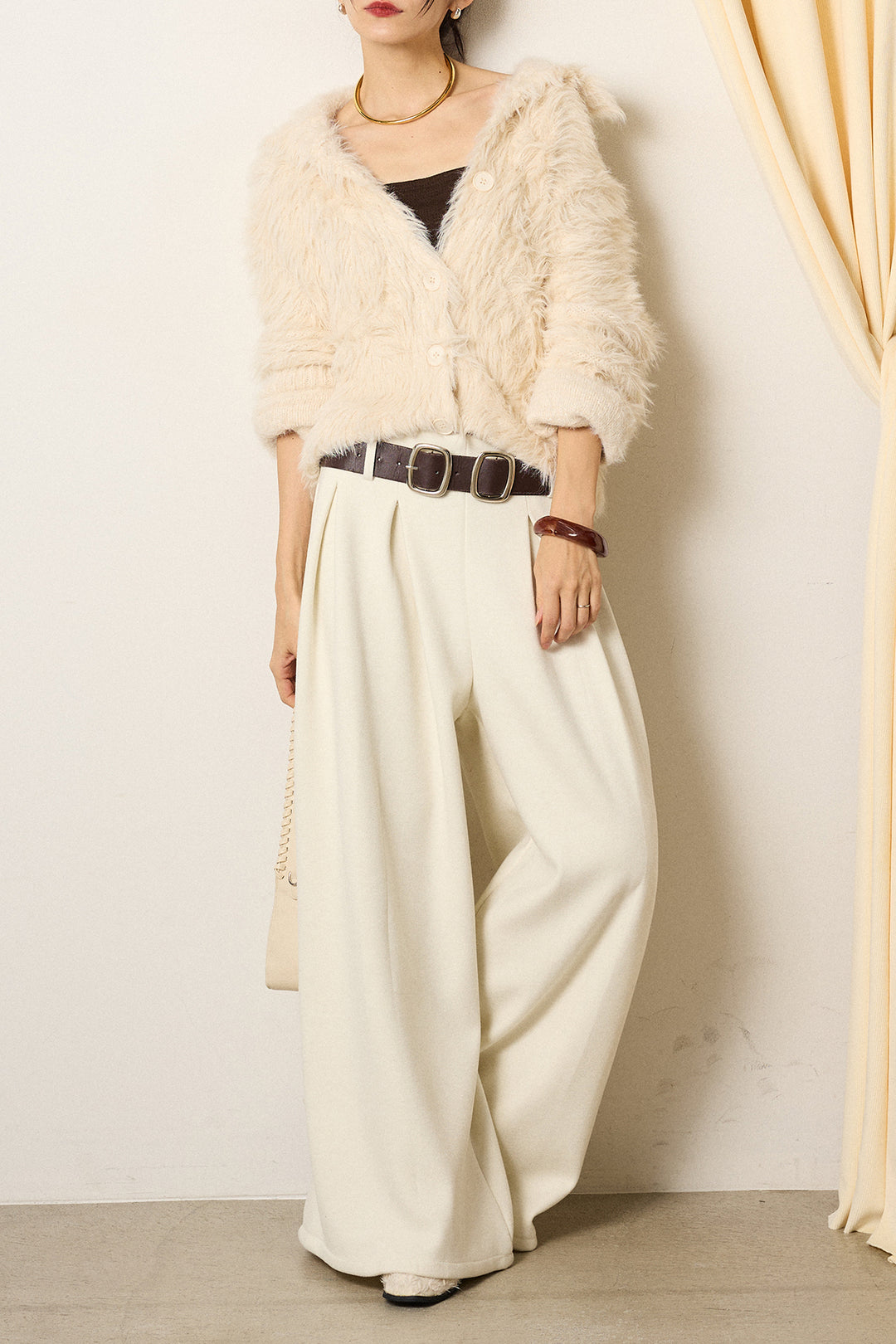 [SET]襟付きシャギーニットカーディガン+フェイクレザー太ベルト付きタックワイドパンツ(2set)
