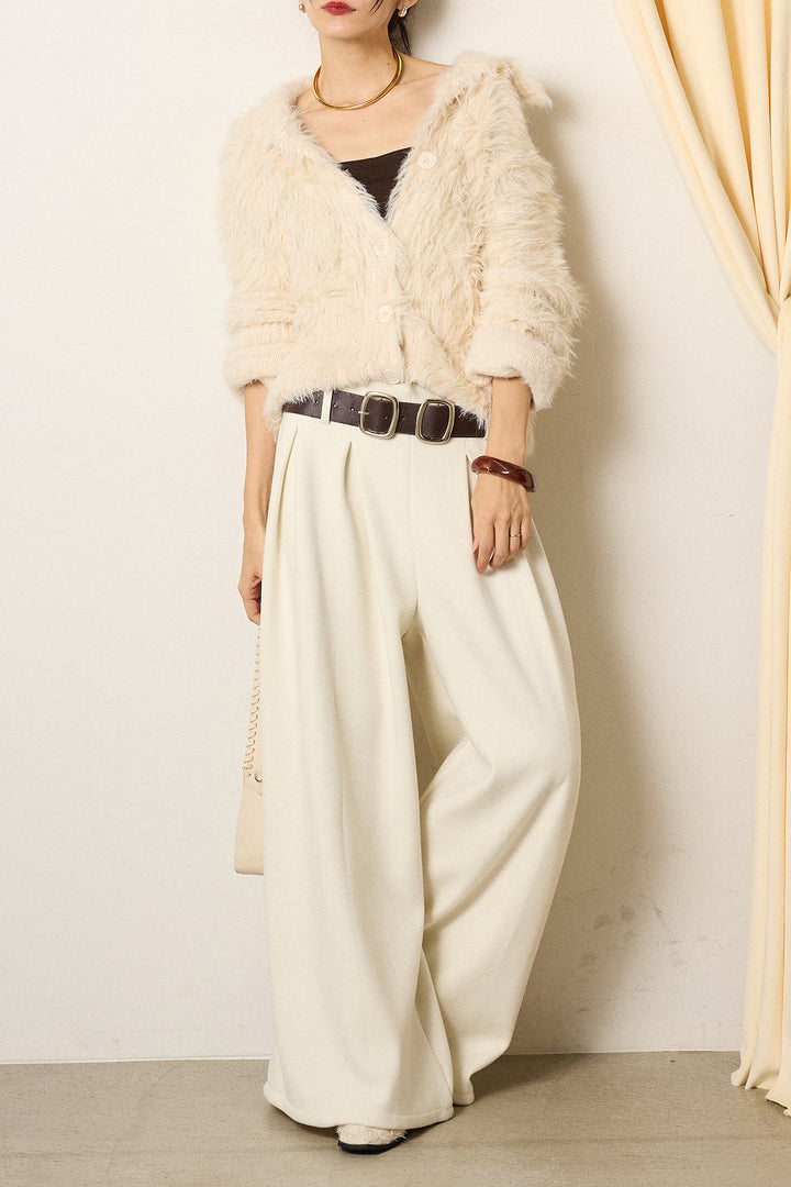 [SET]襟付きシャギーニットカーディガン+フェイクレザー太ベルト付きタックワイドパンツ(2set)