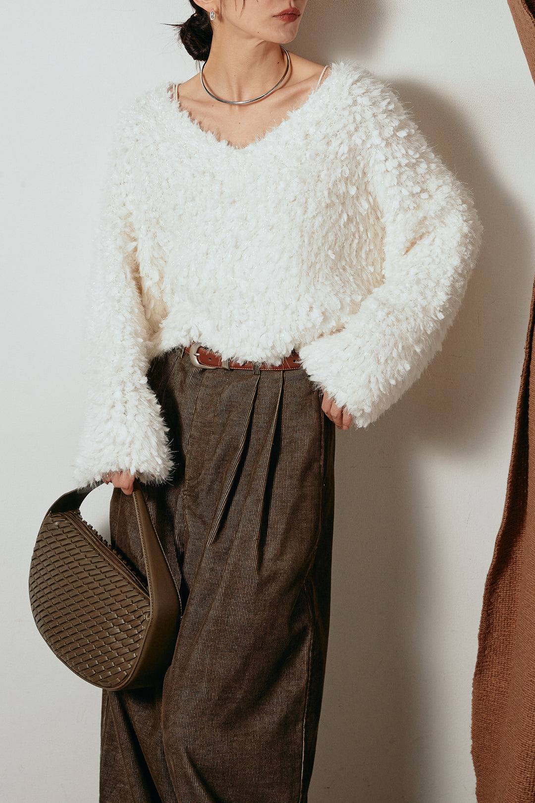 [SET]深Vネックチョウチョヤーンニットトップス+フロントタック入りコーデュロイパンツ(2set)