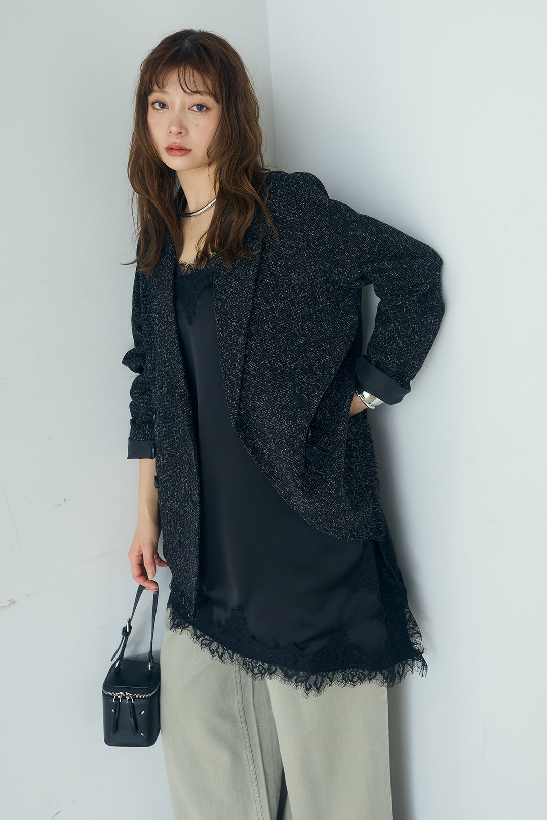 [SET]スラブネップツイードフリンジテーラードジャケット+ウエスト裁ち切りデニムワイドパンツ(2set)