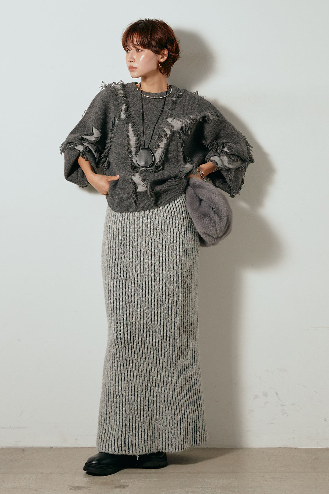 [SET]シャギージャガードニットトップス+アルパカタッチニットタイトスカート(2set)