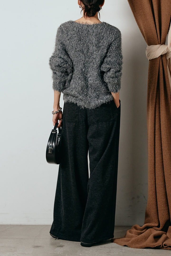 [SET]シャギークロスニットトップス+細ベルト付き起毛タックワイドパンツ(2set)