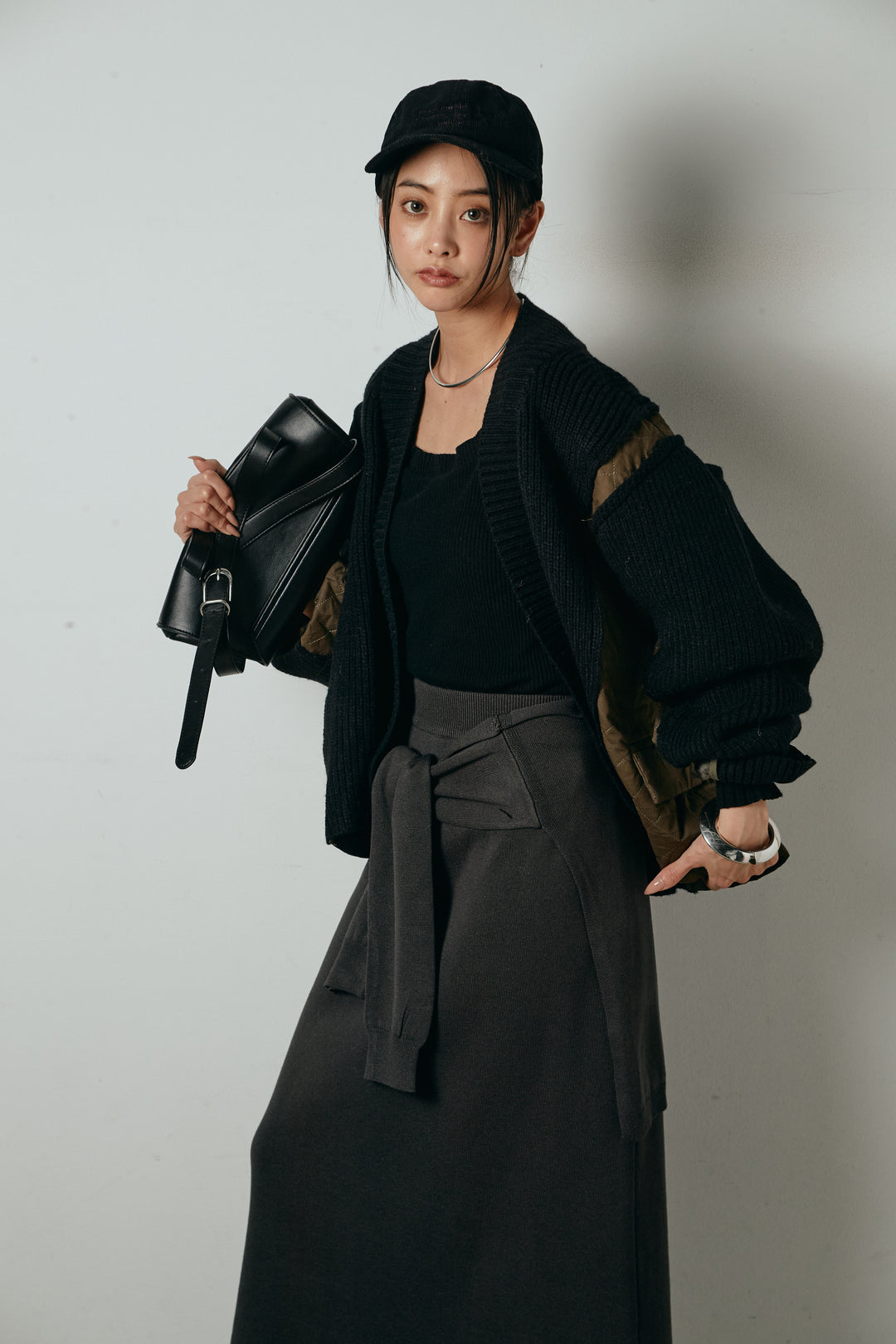 [SET]キルティング切り替えニットカーディガン+ウエストラップ巻きニットスカート(2set)