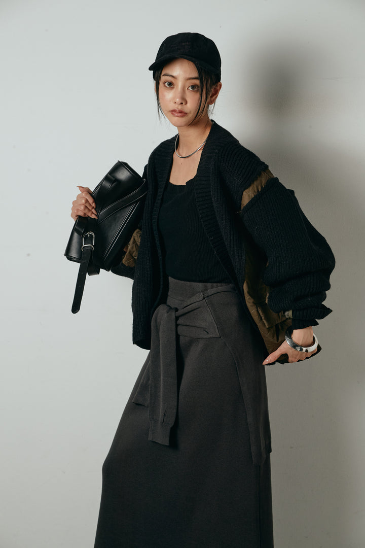 [SET]キルティング切り替えニットカーディガン+ウエストラップ巻きニットスカート(2set)