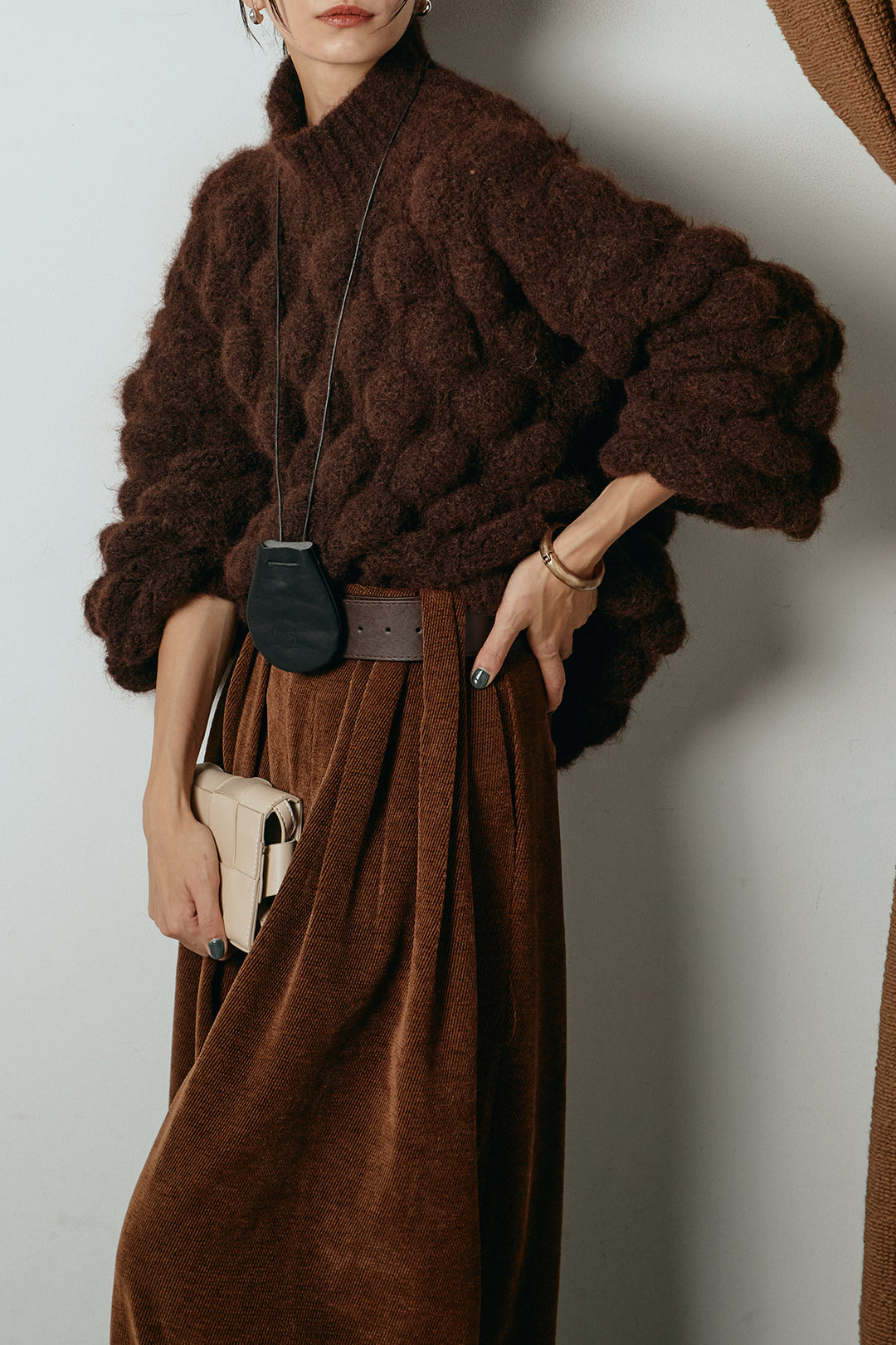 [SET]ボリュームポップコーンニットトップス+ベルトループコーデュロイワイドパンツ(2set)