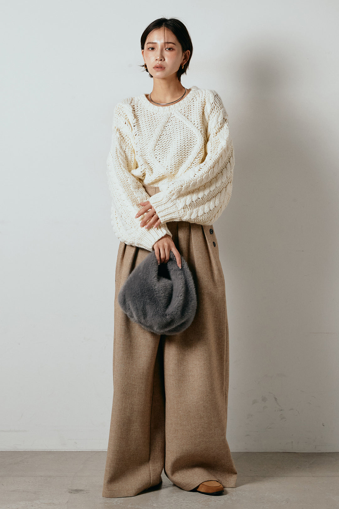 [SET]ロービングケーブルショート丈プルオーバー+サイドボタンツイードタックパンツ(2set)