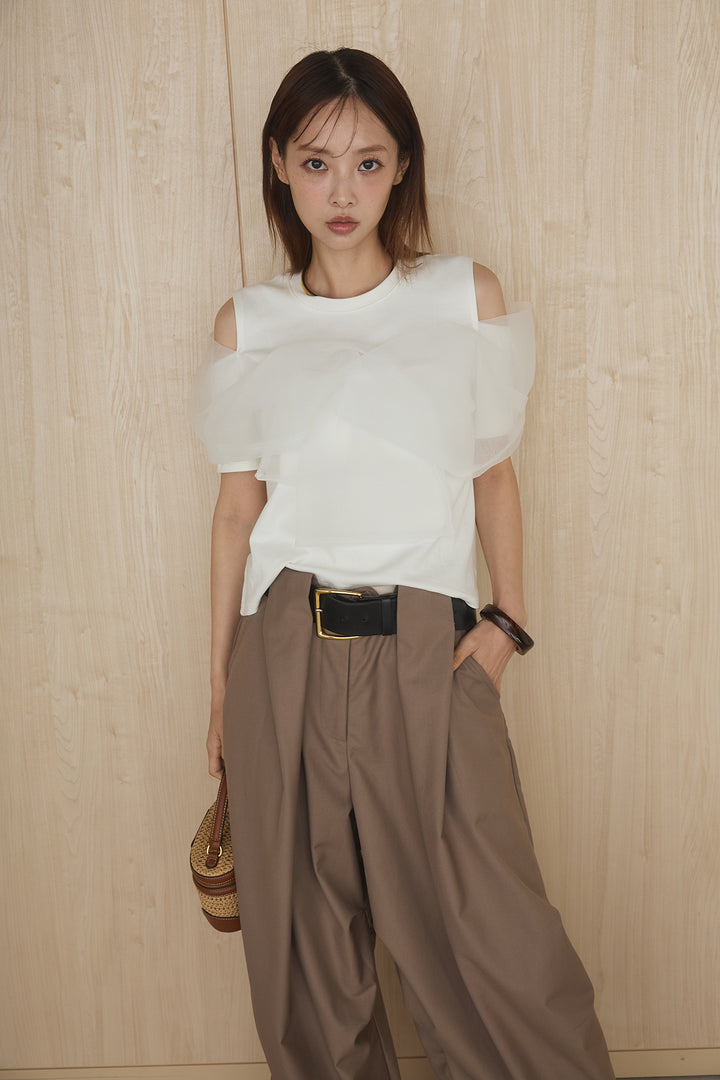[SET]シアーレイヤーデザインカットソー+ベルトループワイドパンツ(2set)