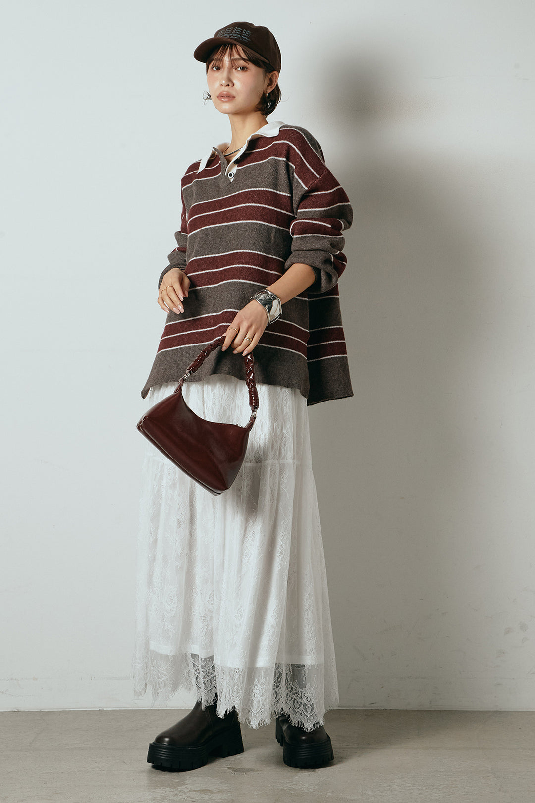 [SET]ラガーニットボーダーポロプルオーバー+ひげレース切替ロング丈スカート(2set)
