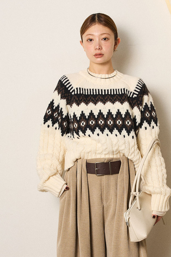 [SET]2WAY求心柄ジャガードショートカーディガン+2WAY袖コード刺繍クルーネックプルオーバー(2set)