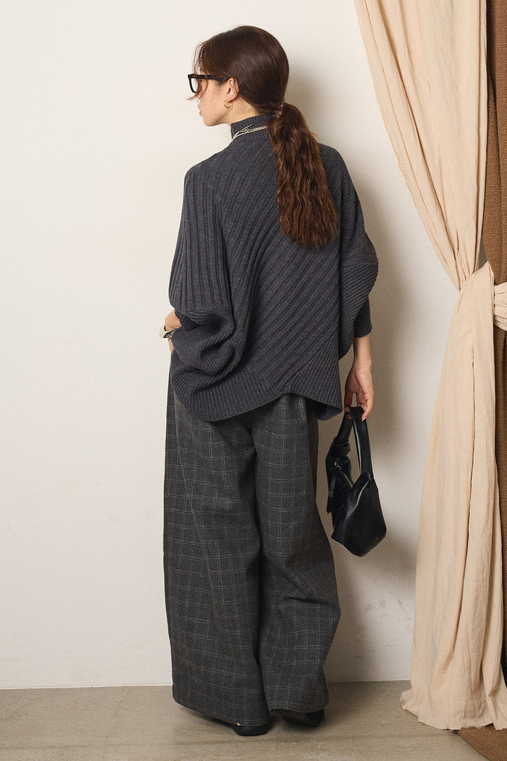 [SET]アシメデザインリブポンチョニットトップス+ウールライクチェックタックパンツ(2set)