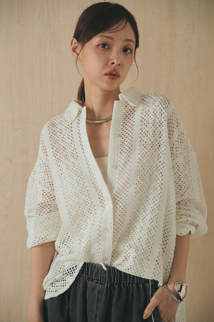 [SET]長袖襟付きレースシャツ+ドロストサイドラインデニムパンツ(2set)