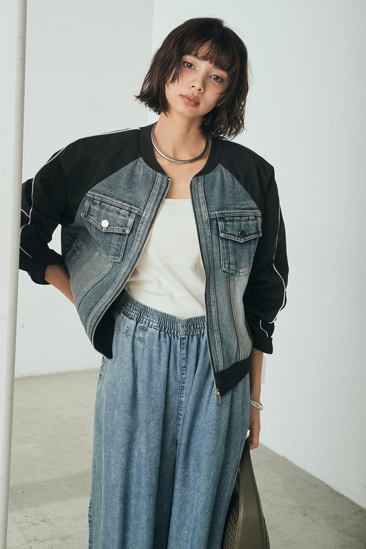 [SET]ナイロンデニムドッキングブルゾン+テンセルデニムイージーワイドパンツ(2set)