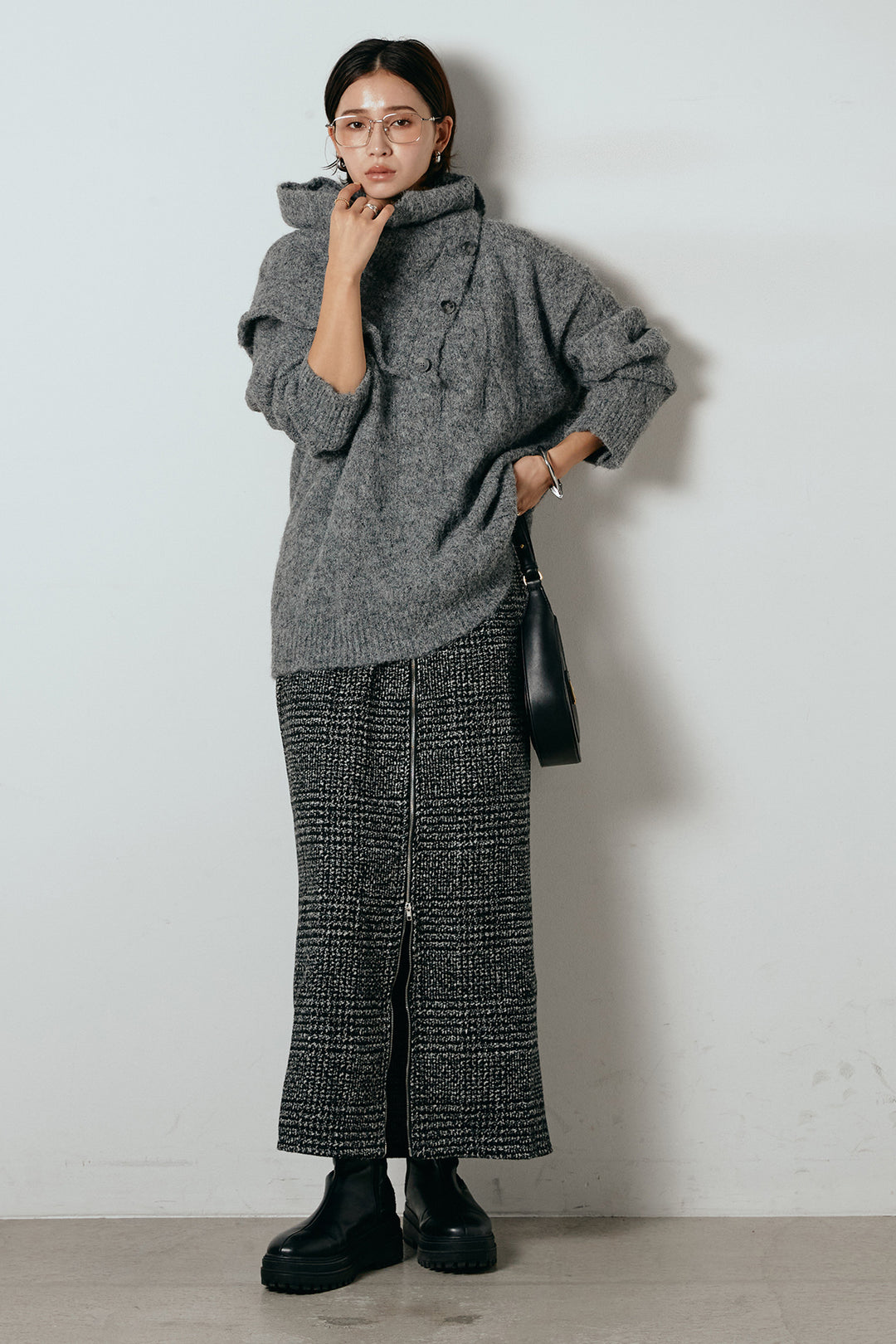 [SET]ケープデザインケーブルニットトップス+グレンチェック柄フロントジップタイトスカート(2set)