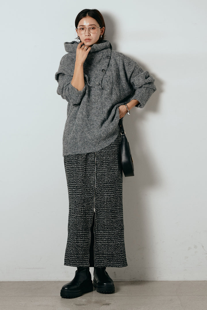 [SET]ケープデザインケーブルニットトップス+グレンチェック柄フロントジップタイトスカート(2set)