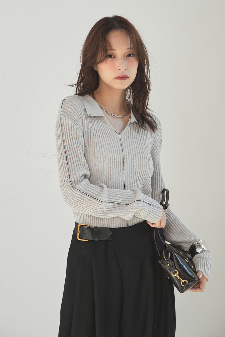 [SET]衿付きニットプルオーバー+サイドベルトタック入りスラックス(2set)