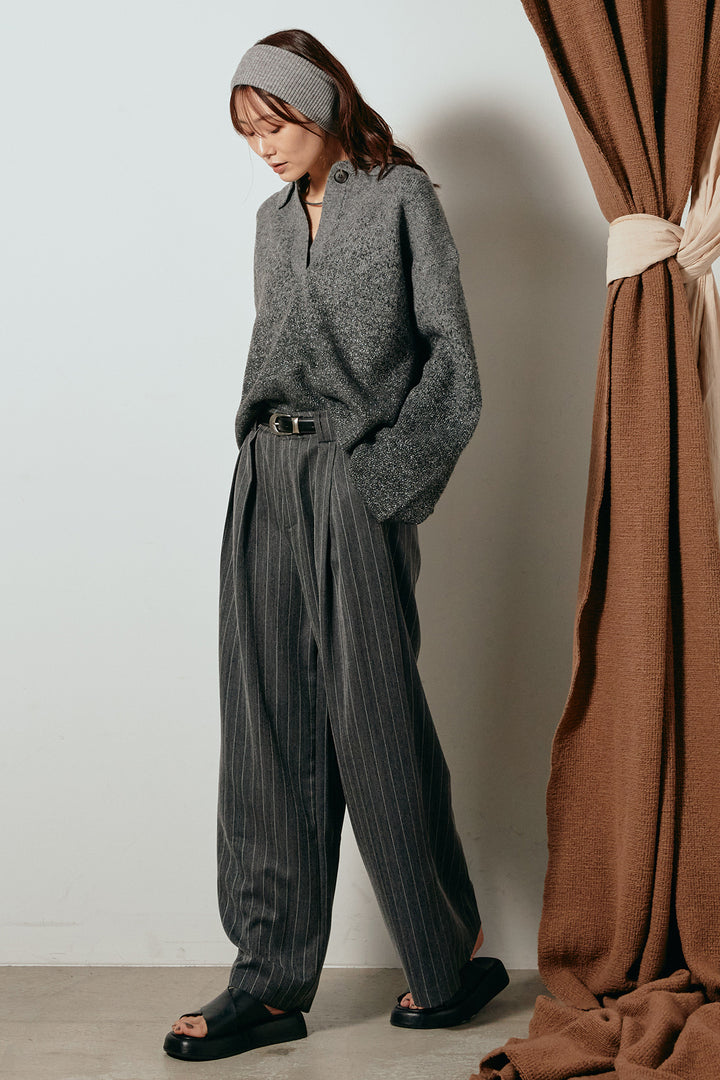 [SET]グラデーションラメニットキーネックプルオーバー+ストライプヘリンボーンパンツ(2set)