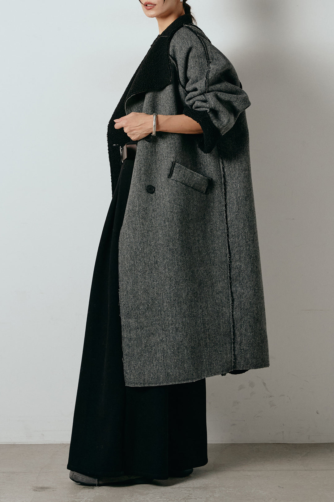 [SET]裏地ボアハイネックロングアウター+フェイクレザー太ベルト付きタックワイドパンツ(2set)