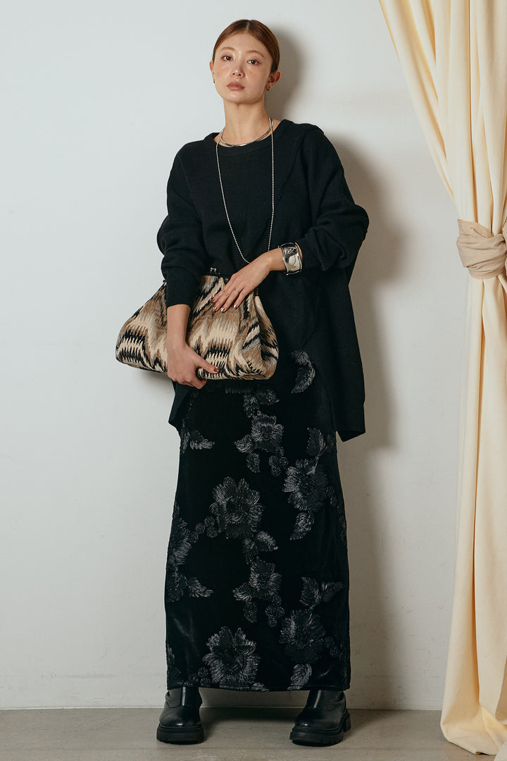 [SET]アシンメトリーデザインニットトップス+フラワー刺繍ワイドスカート(2set)