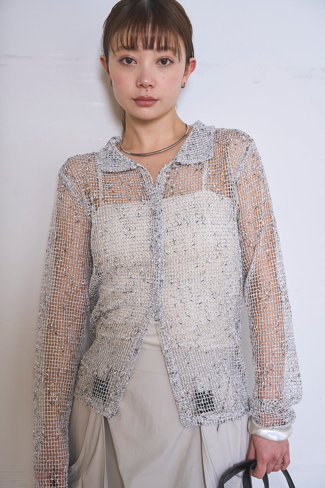 [SET]ネップメッシュポロ襟カーディガン+ラップレイヤードアシンメトリーデザインスカート(2set)