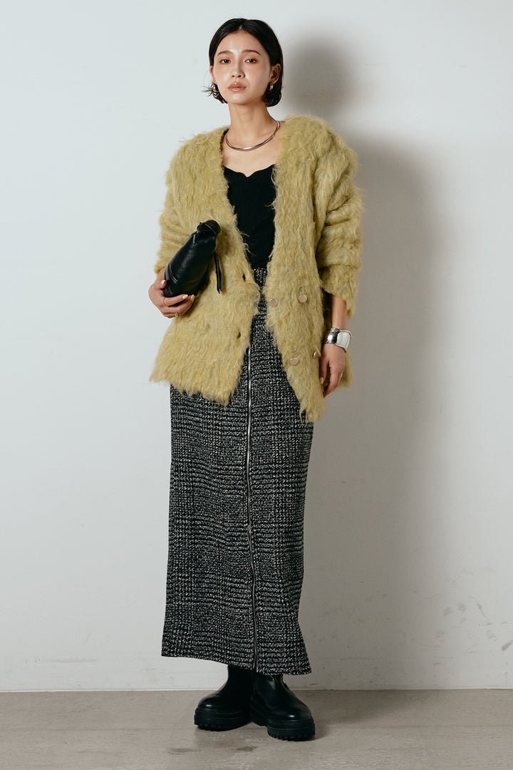 [SET]ウェーブシャギーニットジャケット+グレンチェック柄フロントジップタイトスカート(2set)