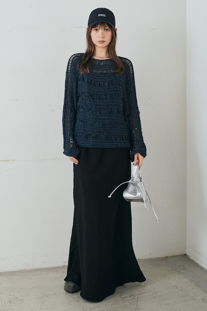 [SET]透かし編みリラックスニットトップス+リネンブレンドロングナロースカート(2set)