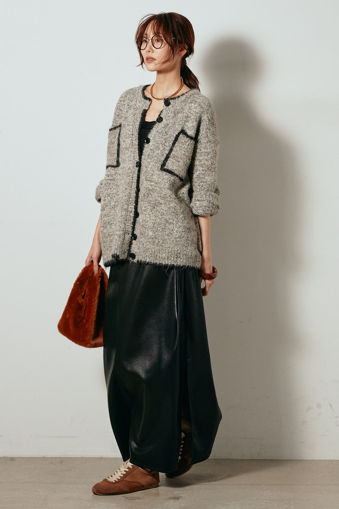 [SET]ミックスニットポケットカーディガン+紐付きフェイクレザーワイドスカート(2set)
