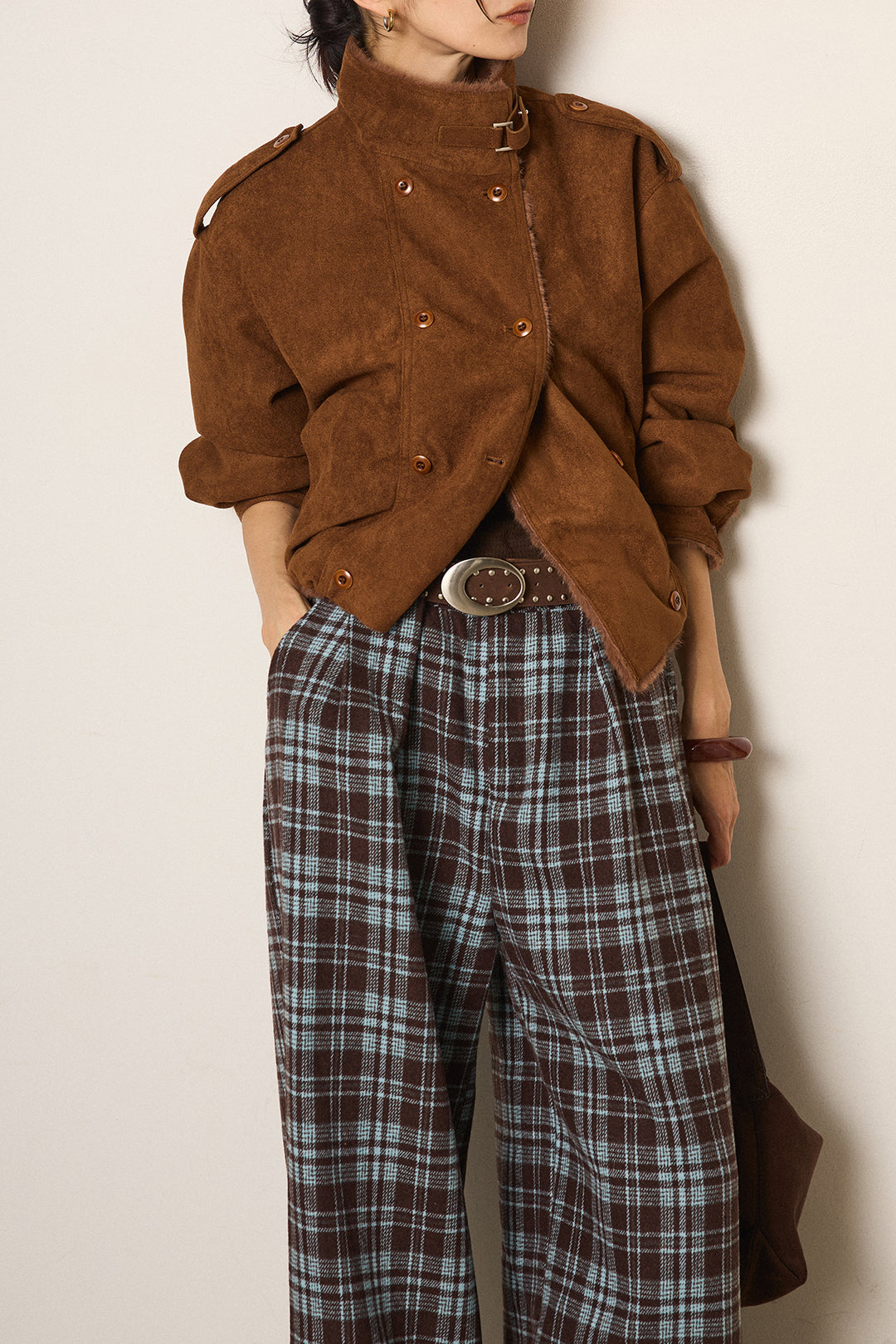 [SET]スタンド襟スウェードライクアウター+スタッズデザインベルトタータンチェックパンツ(2set)