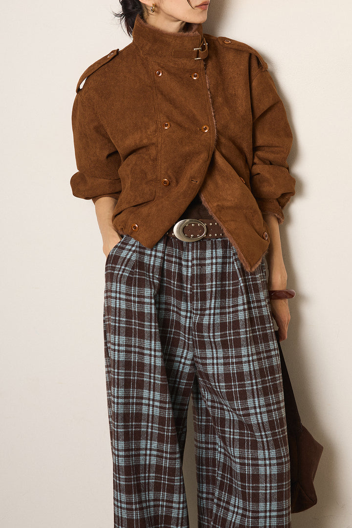 [SET]スタンド襟スウェードライクアウター+スタッズデザインベルトタータンチェックパンツ(2set)