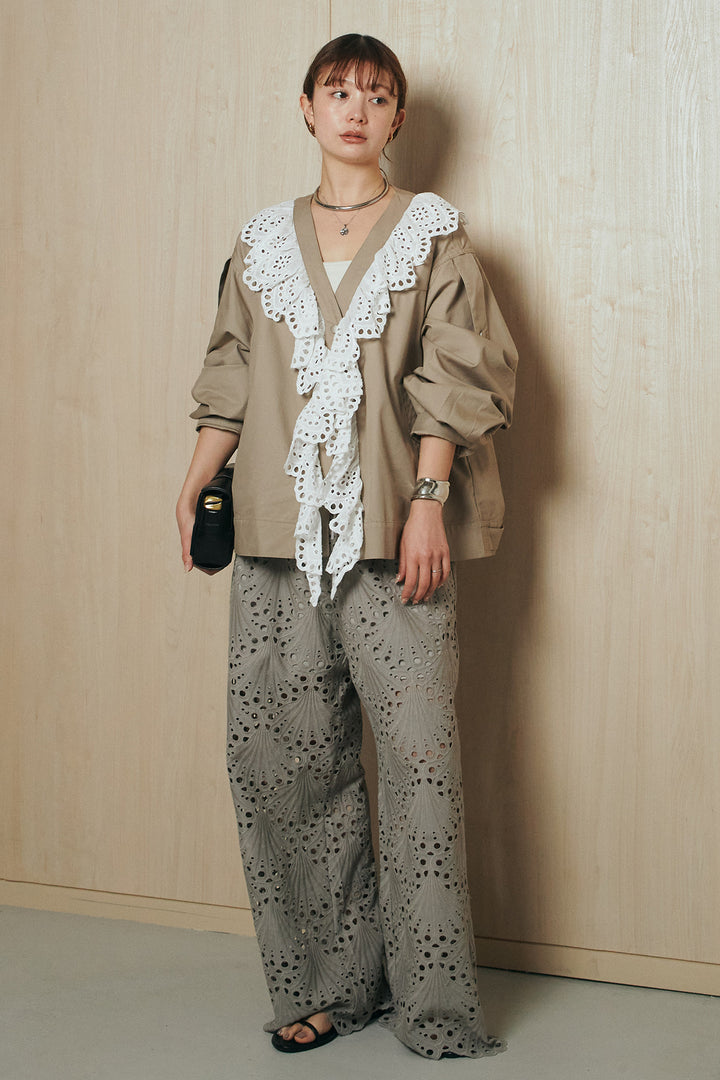 [SET]レースフリルドッキングアウター+レース刺繍リラックスパンツ(2set)