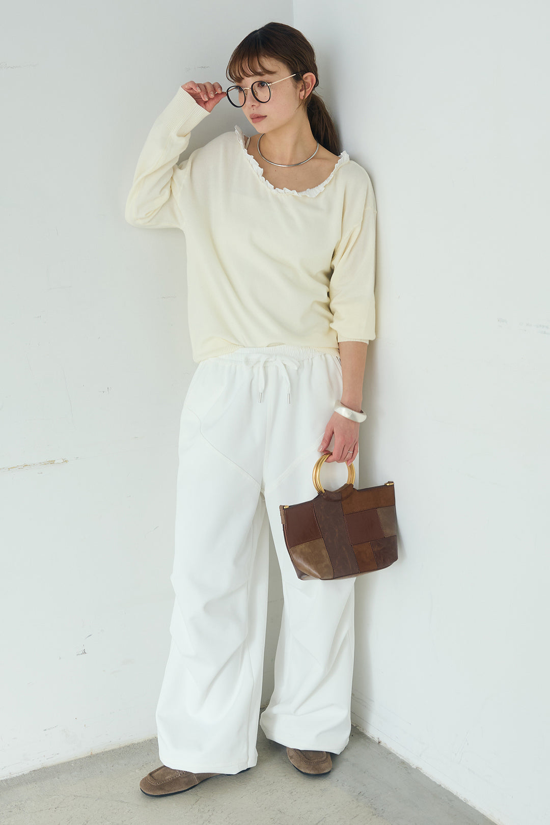 [SET]クールクール異素材コンビオフショルプルオーバー+ランダムタックデザインワイドパンツ(2set)