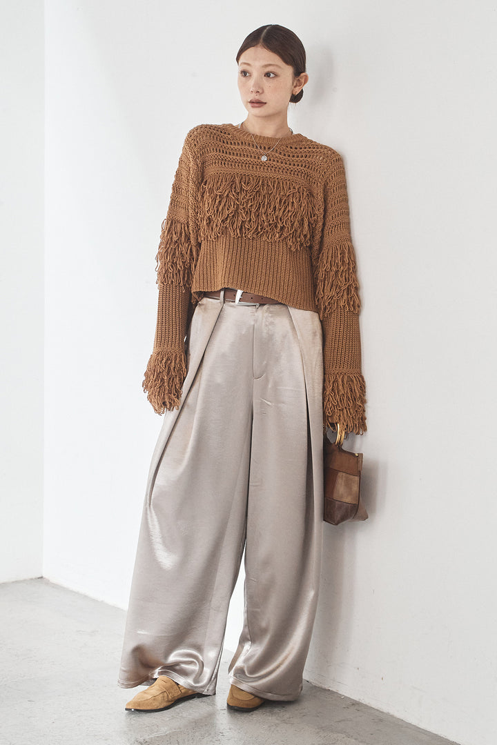 [SET]メッシュフリンジ切り替えプルオーバー+サテンタックワイドパンツ(2set)