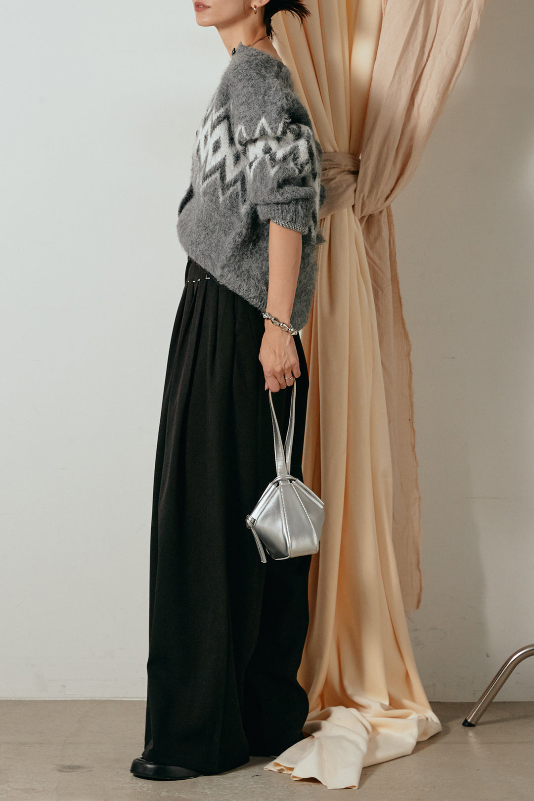 [SET]起毛ノルディック柄ニットカーディガン+ウエストステッチデザインワイドスラックス(2set)