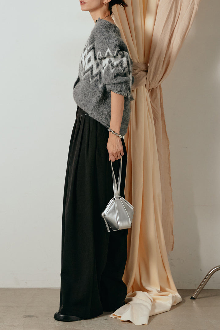 [SET]起毛ノルディック柄ニットカーディガン+ウエストステッチデザインワイドスラックス(2set)