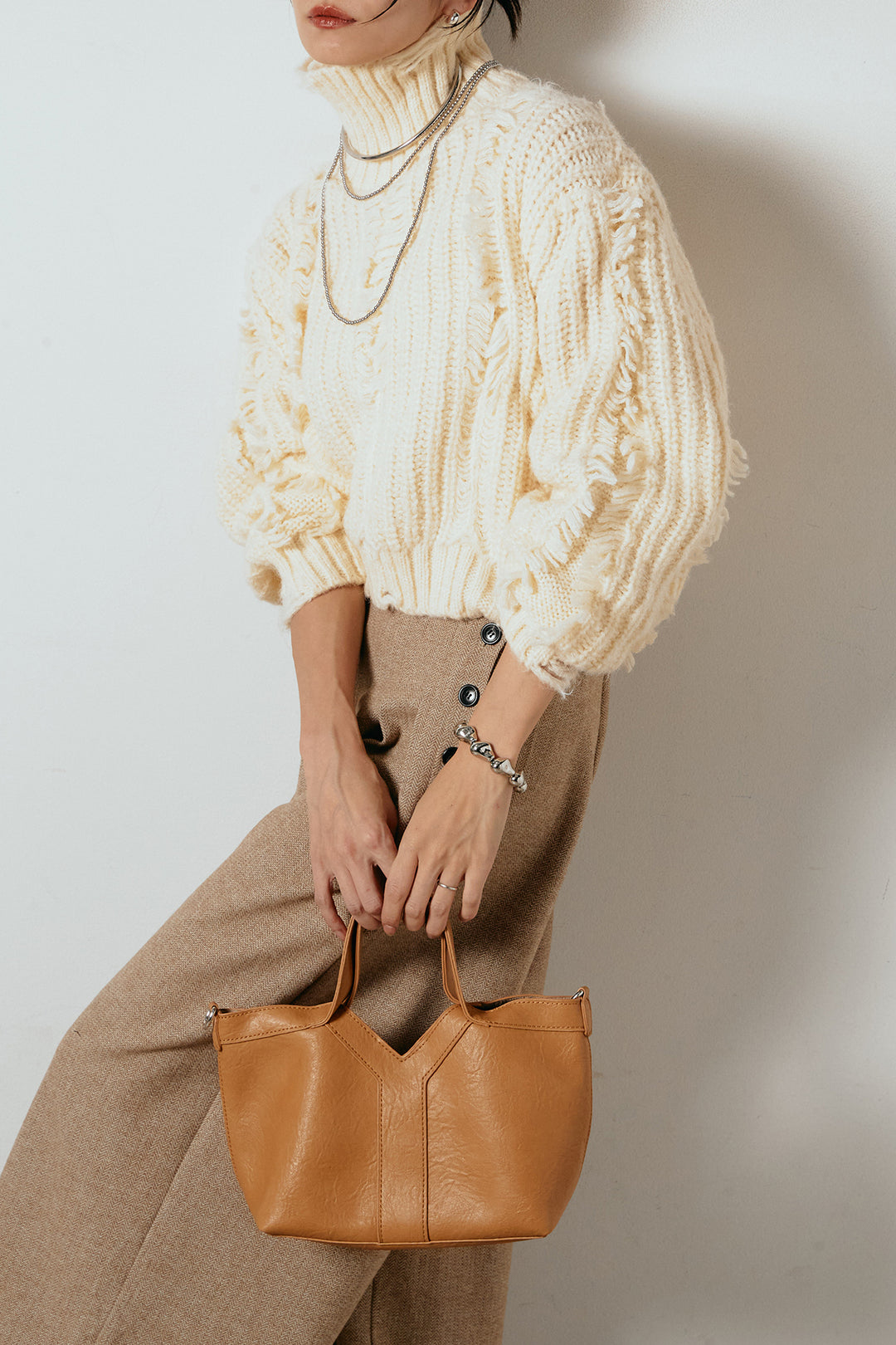 [SET]フリンジタートルショートニット+サイドボタンツイードタックパンツ(2set)