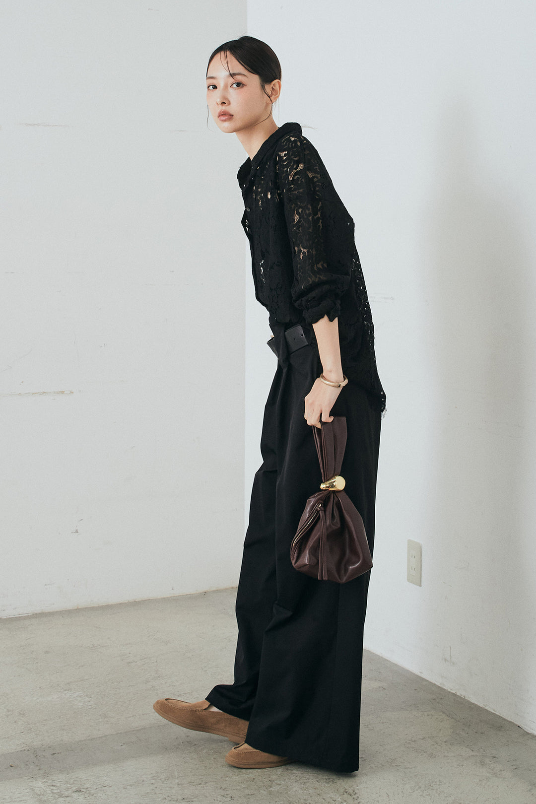 [SET]レース裾スカラップシャツ+ベルトループデザインハイウエストタックパンツ(2set)