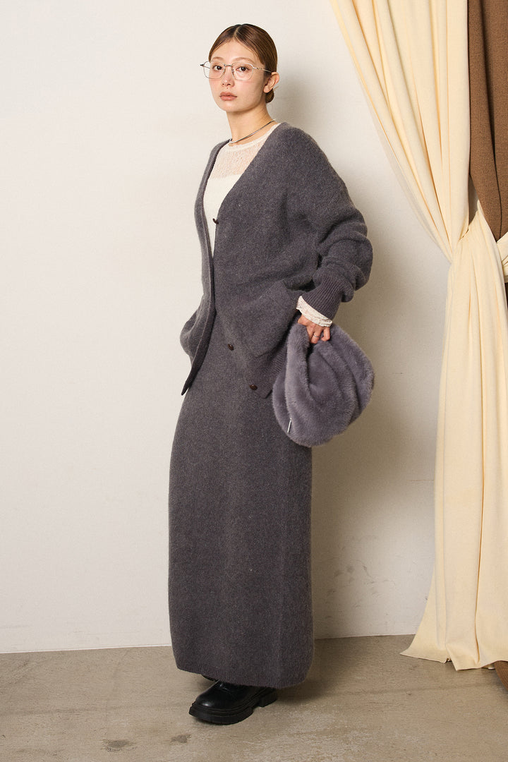 [SET]丸ボタン起毛ニットカーディガン+起毛ニットロングスカート+ストレッチレースクルーネックプルオーバー(3set)