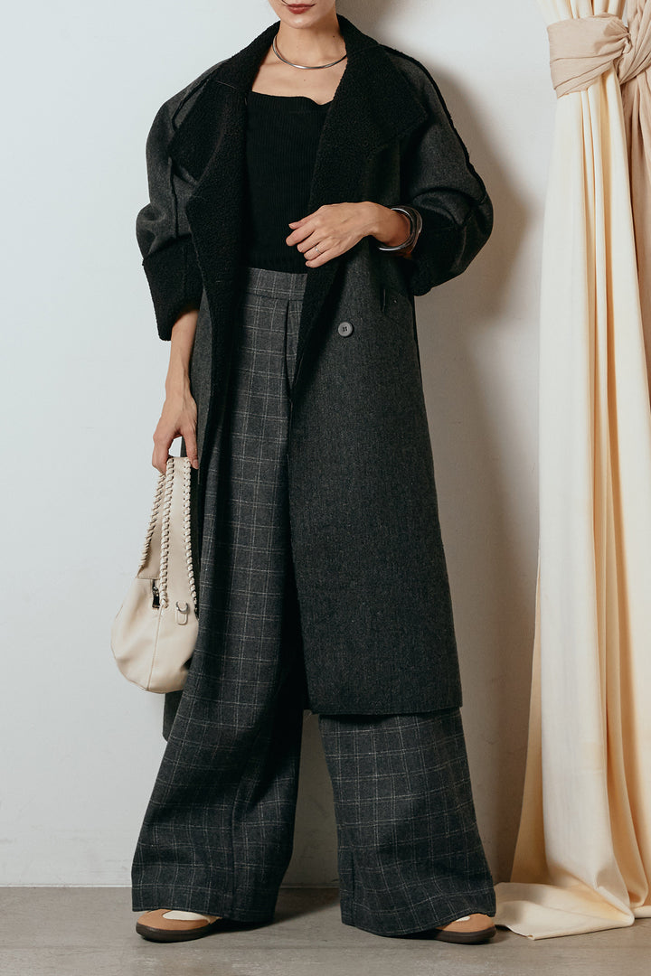 [SET]裏地ボアハイネックロングアウター+ウールライクチェックタックパンツ(2set)