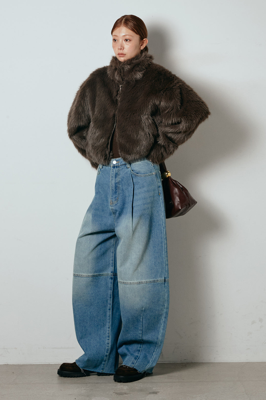 [SET]エコファーショート丈ブルゾン+加工デニムタックコクーンワイドパンツ(2set)