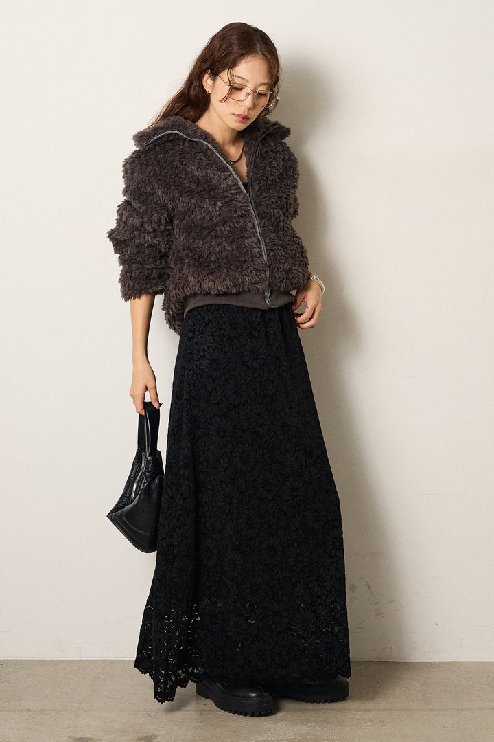 [SET]スタンドカラー裾リブボアブルゾン+花柄刺繍ベロアフレアスカート(2set)