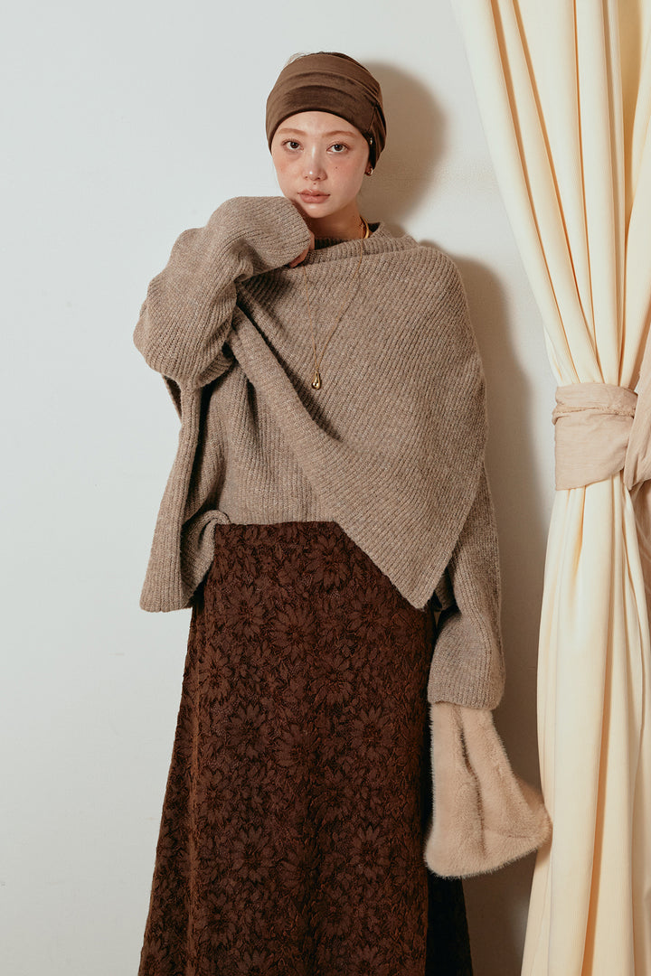 [SET]ケープデザインリブニットトップス+花柄刺繍ベロアフレアスカート(2set)