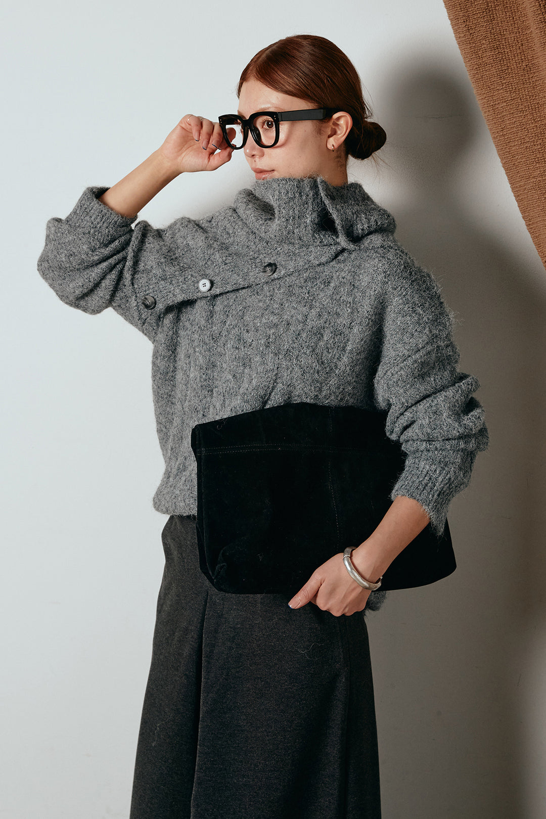 [SET]ケープデザインケーブルニットトップス+ベルト付きフロントタックデザインパンツ(2set)